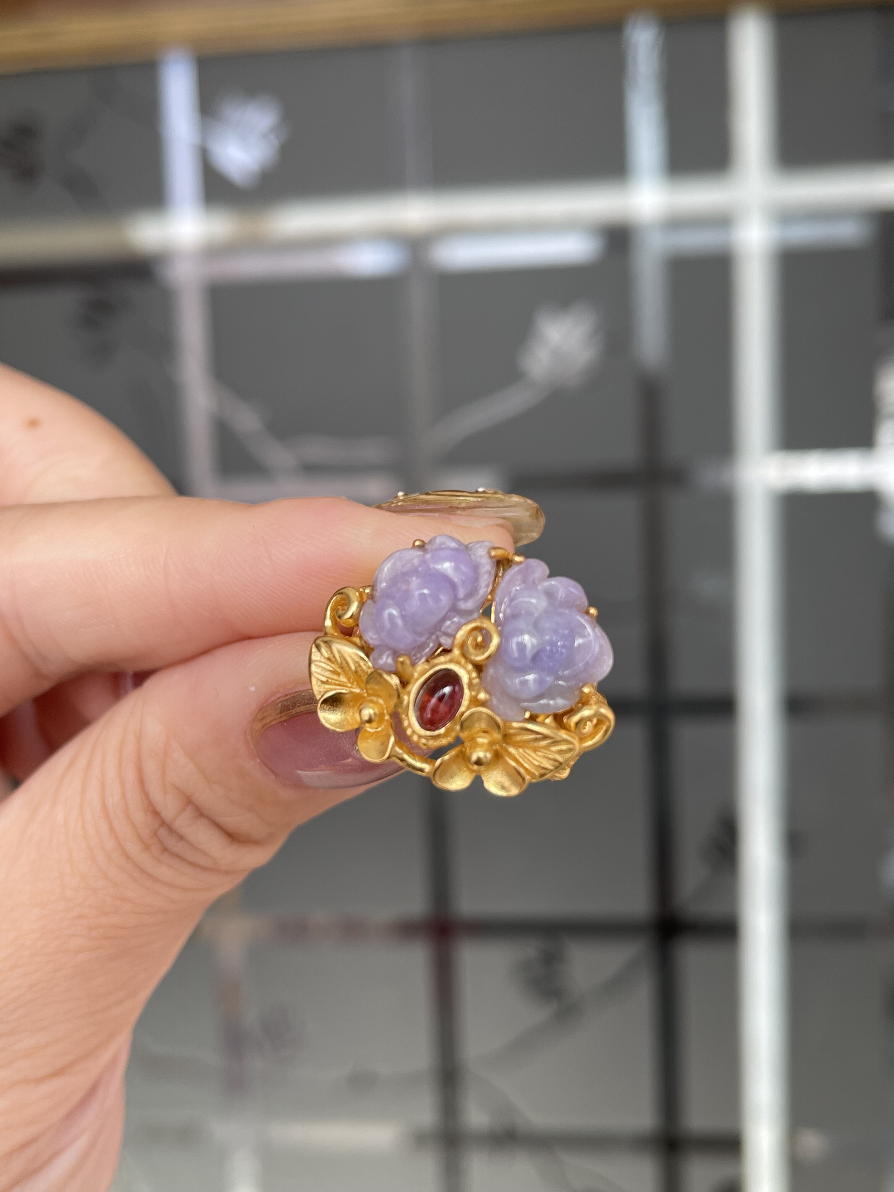 天然翡翠A货紫罗兰小花戒指925银鎏金民族风宫廷款指环