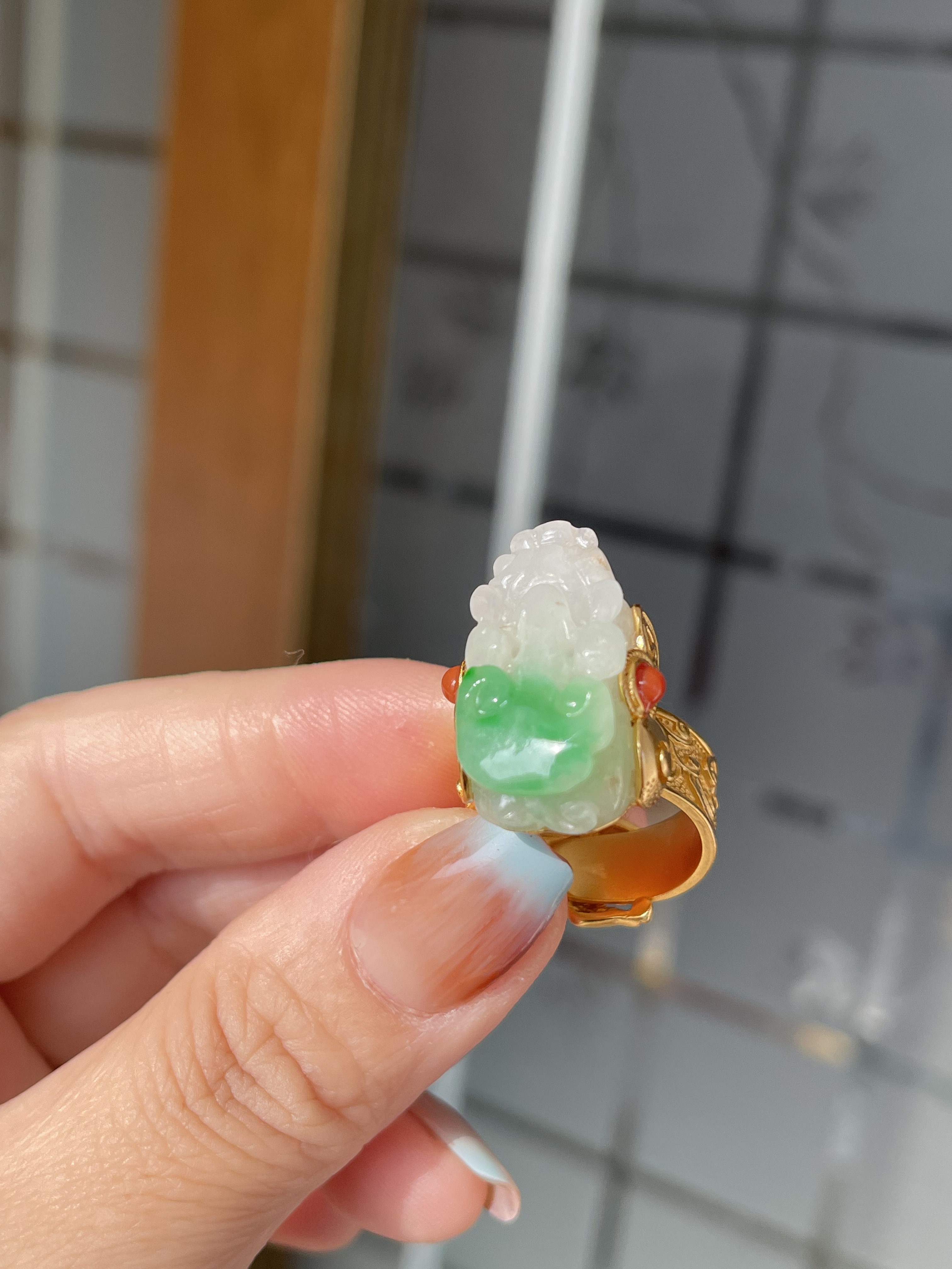 天然翡翠A货糯种白底青阳绿貔貅戒指925纯银鎏金款台湾工复古工艺