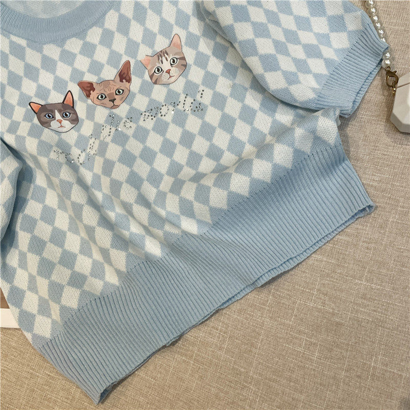 CLEARANCE PICK-UP COUNTER WITHDRAWAL WOMENS CHECKERBOARD SHORT-SLEEVED KNITWEAR DESIGN SENSE NICHE CHIC CROP TOP SUMMER