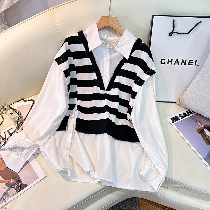 CLEARANCE PICKS UP BIG-NAME FRENCH LUXURY FAKE TWO POLO COLLAR SHIRTS WOMENS LONG-SLEEVED LOOSE AND THIN STRIPED TOPS