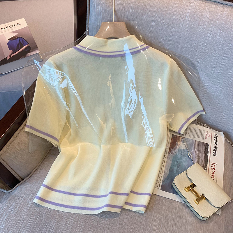 CLEARANCE PICK-UP SMALL FRAGRANCE GENTLE POLO COLLAR CONTRAST ICE SILK KNIT CARDIGAN WOMENS SUMMER THIN TEMPERAMENT SHORT-SLEEVED TOP