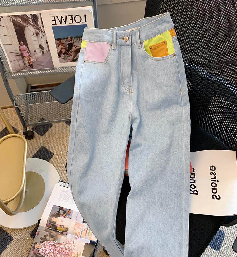 CLEARANCE PICKS UP LEAKS FOREIGN TRADE FIRST-LINE BIG-NAME CUT LABEL SPLICING JEANS WOMENS SPRING AND AUTUMN HIGH-WAISTED STRAIGHT-LEG WIDE-LEG PANTS SPRING AND AUTUMN