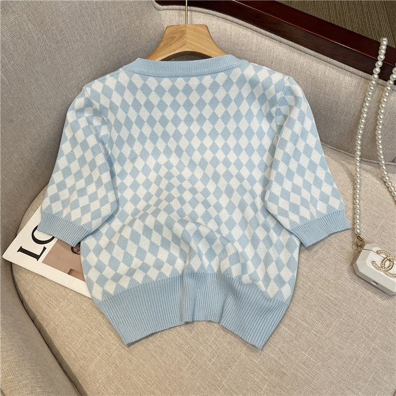 CLEARANCE PICK-UP COUNTER WITHDRAWAL WOMENS CHECKERBOARD SHORT-SLEEVED KNITWEAR DESIGN SENSE NICHE CHIC CROP TOP SUMMER