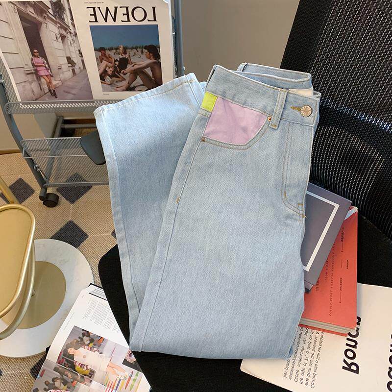 CLEARANCE PICKS UP LEAKS FOREIGN TRADE FIRST-LINE BIG-NAME CUT LABEL SPLICING JEANS WOMENS SPRING AND AUTUMN HIGH-WAISTED STRAIGHT-LEG WIDE-LEG PANTS SPRING AND AUTUMN