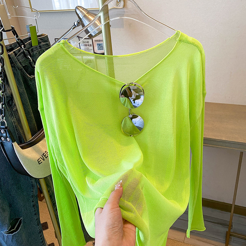CLEARANCE AND LEAKAGE COUNTERS WITHDREW WOMENS AVOCADO GREEN ICE SILK KNITTED SUNSCREEN TOPS LONG-SLEEVED AND THIN BLOUSES