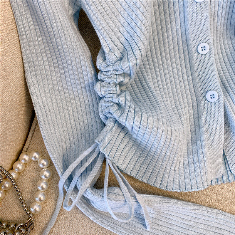 PURE DESIRE SWEET AND SPICY WIND DRAWSTRING LONG-SLEEVED KNITWEAR WOMENS AUTUMN SENSE OF LUXURY CHIC LAZY LITTLE MAN A TOP UNDER THE SHOULDER