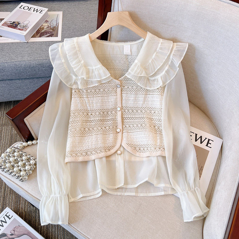 CLEARANCE PICKS UP BIG BRAND SPRING AND AUTUMN FRENCH DOUBLE-LAYER DOLL COLLAR SHIRT WOMENS DESIGN SENSE HOLLOW CROCHET VEST FAKE TWO PIECES