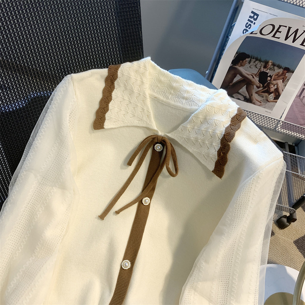 CLEARANCE AND LEAKAGE  DOLL COLLAR MESH KNIT SHIRT WOMENS DESIGN SENSE NICHE TOP FRENCH CHIC PRETTY SHIRT