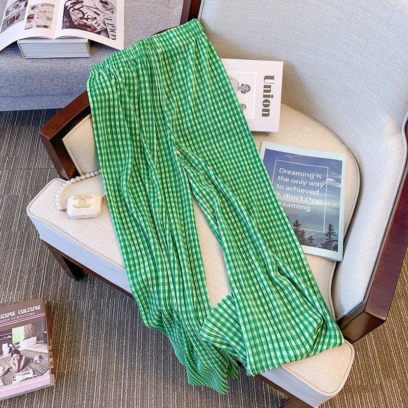BIG BRAND PICK UP LEAK PLAID ICE SILK WIDE-LEG PANTS WOMENS SUMMER THIN SMALL MAN HIGH WAIST DRAPE CASUAL STRAIGHT LONG PANTS