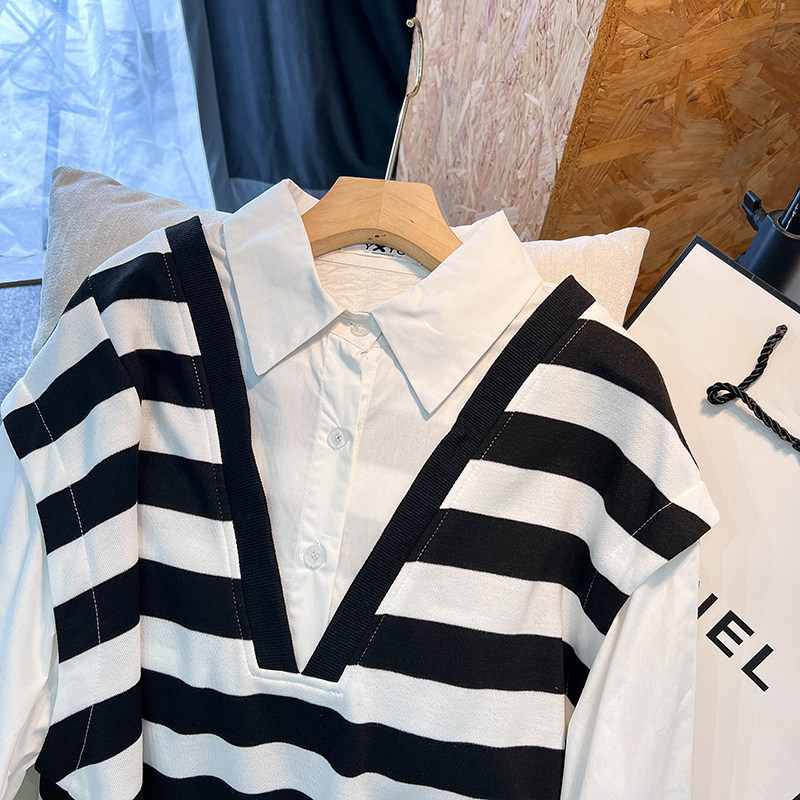 CLEARANCE PICKS UP BIG-NAME FRENCH LUXURY FAKE TWO POLO COLLAR SHIRTS WOMENS LONG-SLEEVED LOOSE AND THIN STRIPED TOPS