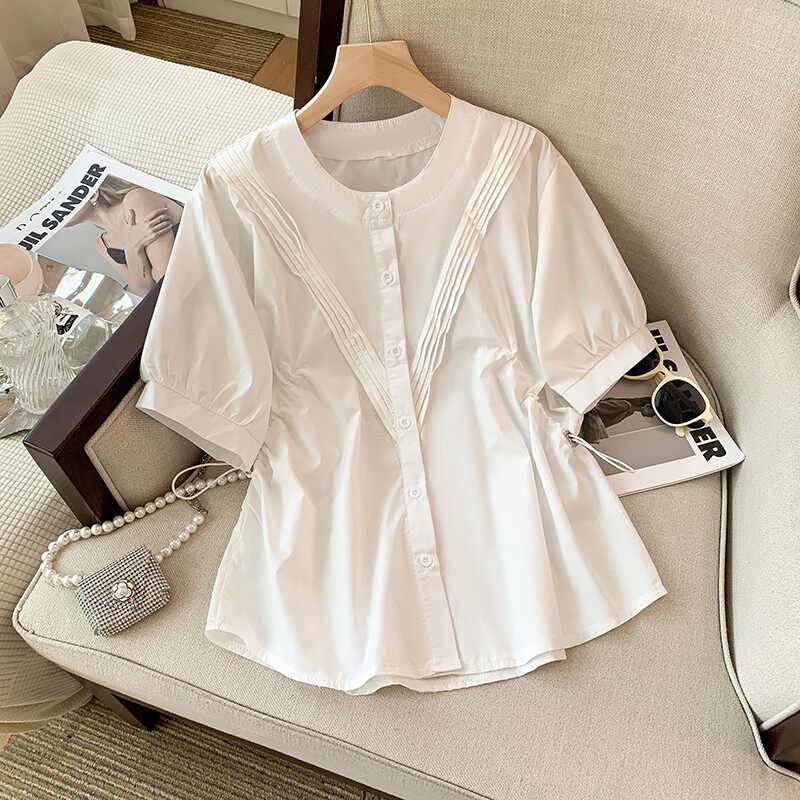 CLEARANCE PICKS UP BIG-BRAND FRENCH DIAGONAL DRAWSTRING WAIST SHIRT WOMENS SUMMER SHORT-SLEEVED TOP HIGH-QUALITY CHIC AND BEAUTIFUL SHIRT