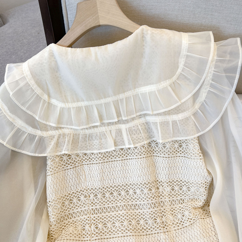 BIG BRAND LEAK FRENCH NICHE FAKE TWO DOUBLE DOLL COLLAR LACE SHIRT WOMENS DESIGN SENSE CHIC LONG-SLEEVED TOP