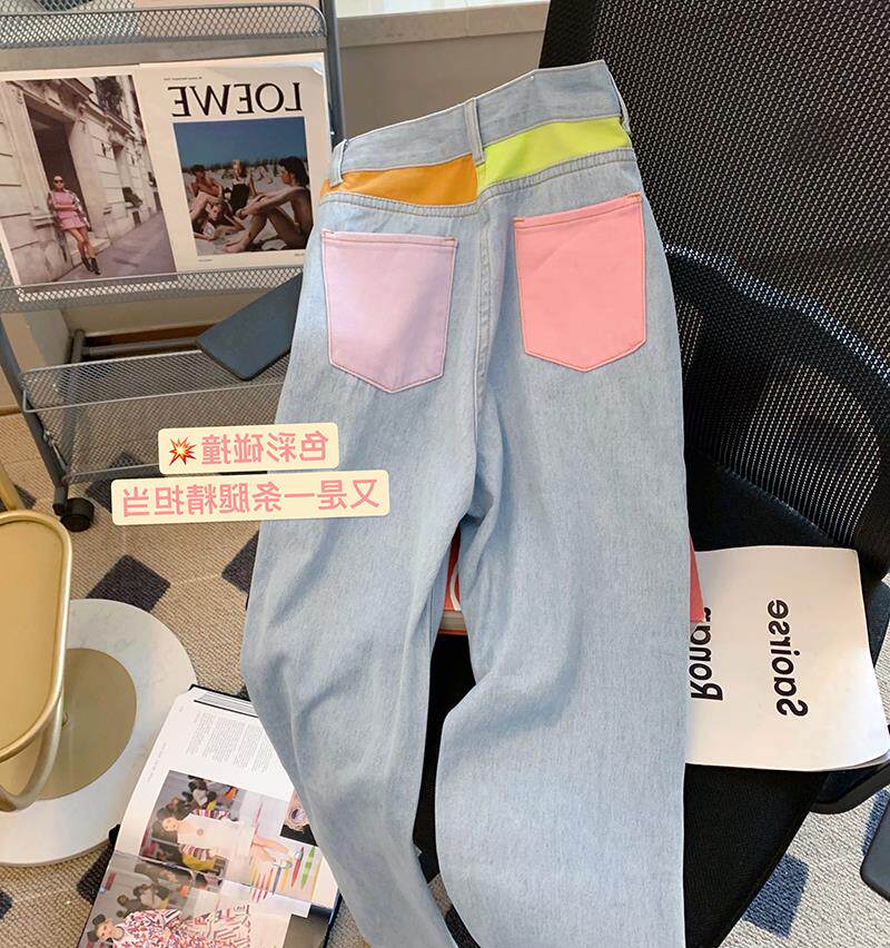 CLEARANCE PICKS UP LEAKS FOREIGN TRADE FIRST-LINE BIG-NAME CUT LABEL SPLICING JEANS WOMENS SPRING AND AUTUMN HIGH-WAISTED STRAIGHT-LEG WIDE-LEG PANTS SPRING AND AUTUMN