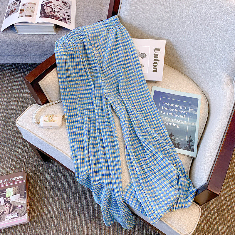 BIG BRAND PICK UP LEAK PLAID ICE SILK WIDE-LEG PANTS WOMENS SUMMER THIN SMALL MAN HIGH WAIST DRAPE CASUAL STRAIGHT LONG PANTS