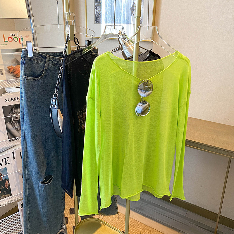 CLEARANCE AND LEAKAGE COUNTERS WITHDREW WOMENS AVOCADO GREEN ICE SILK KNITTED SUNSCREEN TOPS LONG-SLEEVED AND THIN BLOUSES