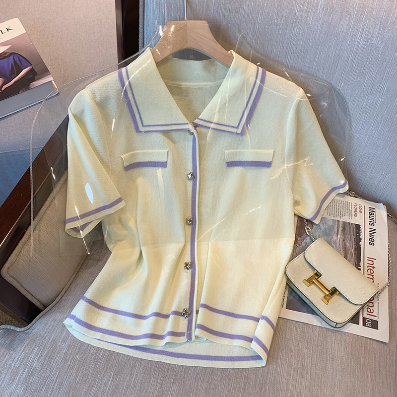 CLEARANCE PICK-UP SMALL FRAGRANCE GENTLE POLO COLLAR CONTRAST ICE SILK KNIT CARDIGAN WOMENS SUMMER THIN TEMPERAMENT SHORT-SLEEVED TOP