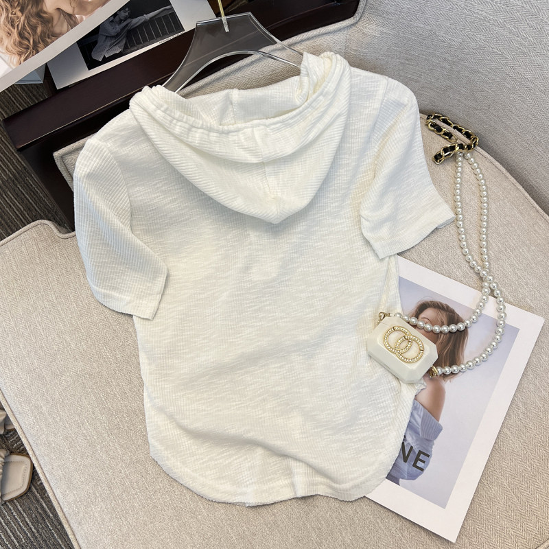 CLEARANCE PICK-UP LEAKAGE HIGH-END SENSE CHIC BEAUTIFUL HOODED T-SHIRT WOMENS SUMMER SHORT-SLEEVED IRREGULAR TOP UNIQUE CHIC SHIRT