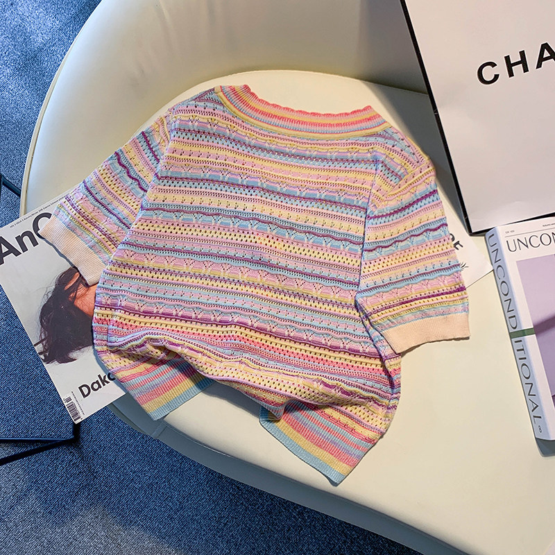 CLEARANCE PICK-UP SMALL FRAGRANCE THIN SHORT-SLEEVED KNITTED CARDIGAN WOMENS SUMMER DESIGN SENSE NICHE RAINBOW STRIPE CUT-OUT TOP