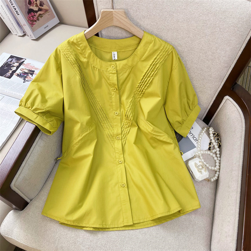 CLEARANCE PICKS UP BIG-BRAND FRENCH DIAGONAL DRAWSTRING WAIST SHIRT WOMENS SUMMER SHORT-SLEEVED TOP HIGH-QUALITY CHIC AND BEAUTIFUL SHIRT