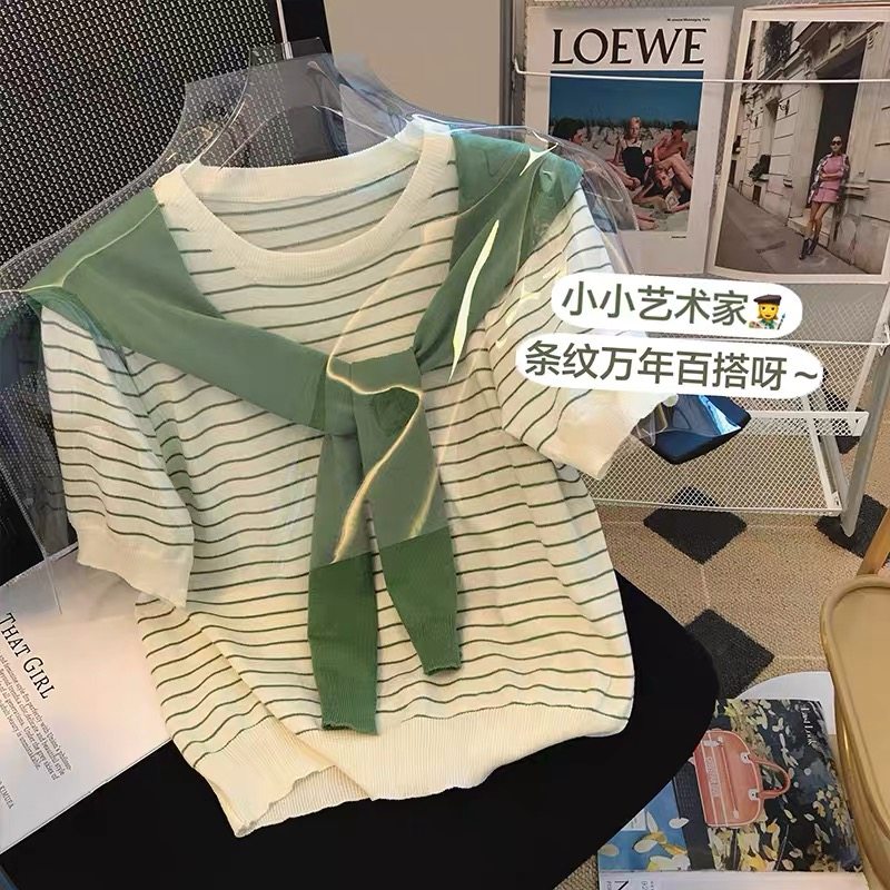 CLEARANCE PICK-UP COUNTER WITHDRAWAL WOMENS CLOTHING SHAWL FAKE TWO STRIPED ICE SILK KNITWEAR DESIGN SENSE SHORT-SLEEVED TOP