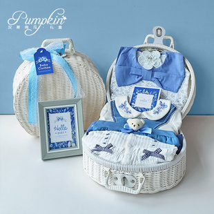 婴儿礼盒新生儿衣服套装女宝小公主纯棉满月周岁蓝色清新送礼品篮