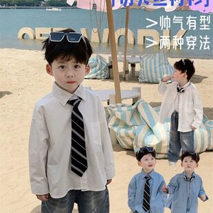 男童衬衫长袖春秋季2025新款儿童学院风领带纯色衬衣宝宝春秋装