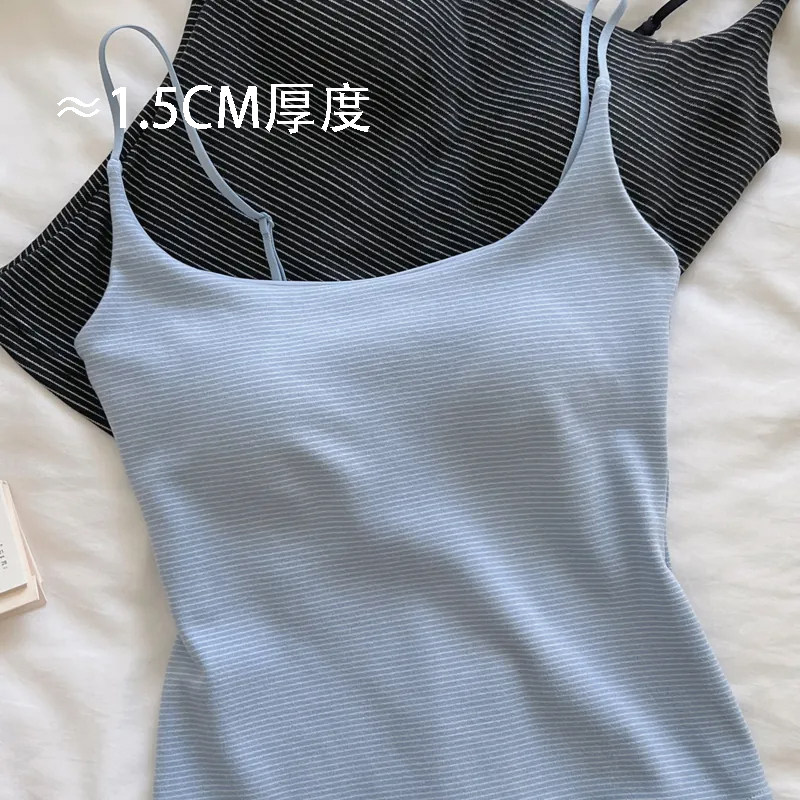条纹保暖吊带背心女带胸垫一体免穿文胸秋冬季磨毛内搭可外穿上衣