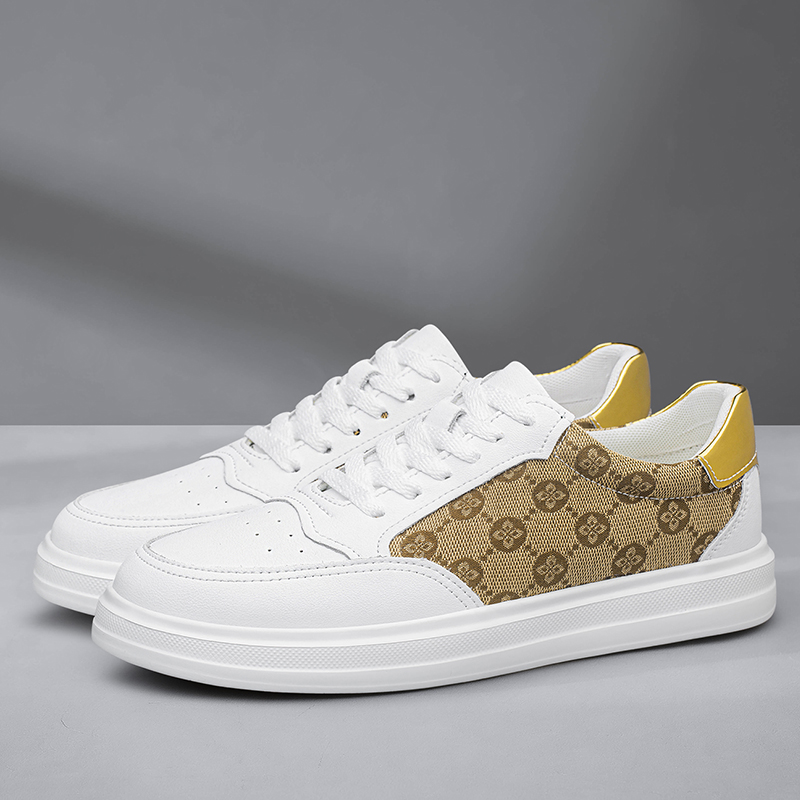 潮牌小白鞋男2025新款皮布拼接商务板鞋男士系带平底休闲鞋轻奢潮