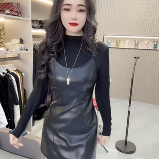 新款假两件吊带蛋白皮连衣裙收腰显瘦洋气百搭爆款韩版秋冬款