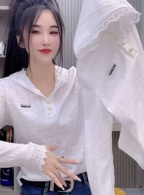 欧货贴标短款外套女2026秋季修身打底衫洋气长袖蕾丝连帽套头上衣