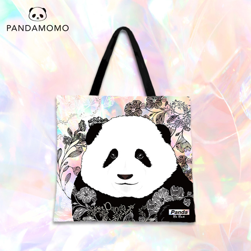 pandamomo 大熊猫提袋 卡通可爱轻便休闲 学生布包包单肩包 和花