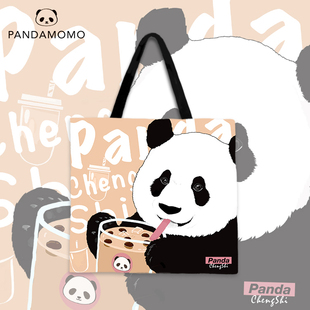 Pandamomo 喝奶茶成实 原创可爱环保布包包学生单肩包 大熊猫提袋