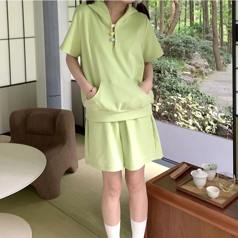 日系软妹夏可爱毛绒耳朵连帽上衣宽松显瘦套装少女短裤两件套学生