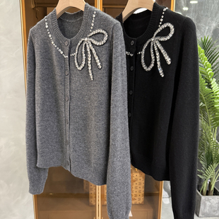 针织开衫 JR專柜同款 短款 重工钉钻蝴蝶结圆领长袖 純澳洲羊毛纱线