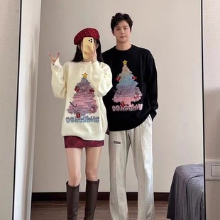 氛围感圣诞树印花毛衣情侣装男女圆领针织衫新年战袍圣诞风
