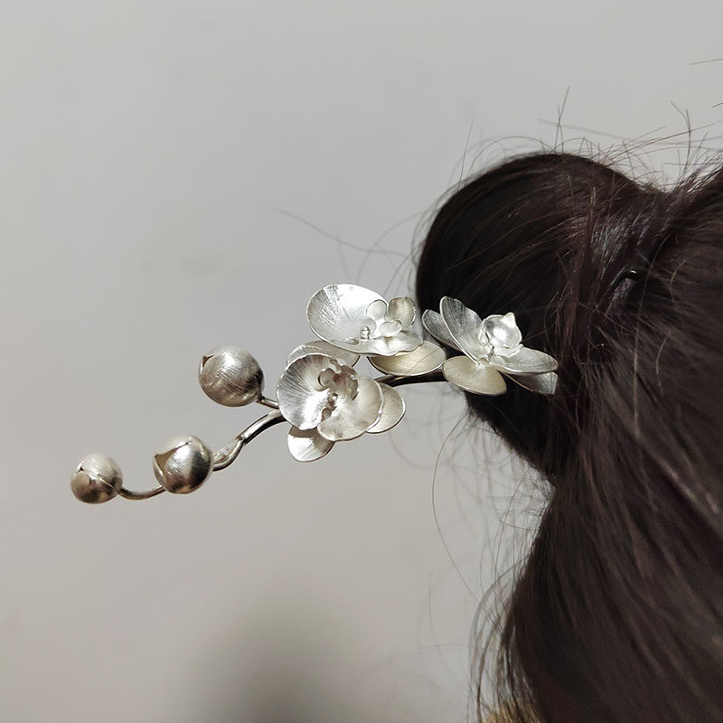 入梦原创手工s925足纯银蝴蝶兰发簪子999盘发钗汉服古装头饰品女