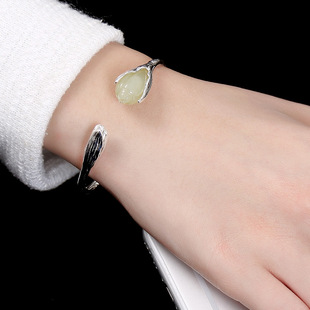 入梦 手工S925纯银手镯和田玉兰花手饰复古中国风开口手环礼品女