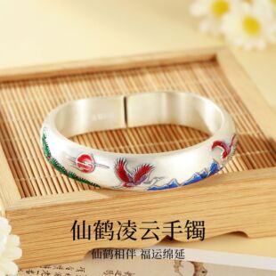 银凤楼足银999珐琅彩仙鹤凌云马蹄纯银手镯女民族风开口实心浮雕
