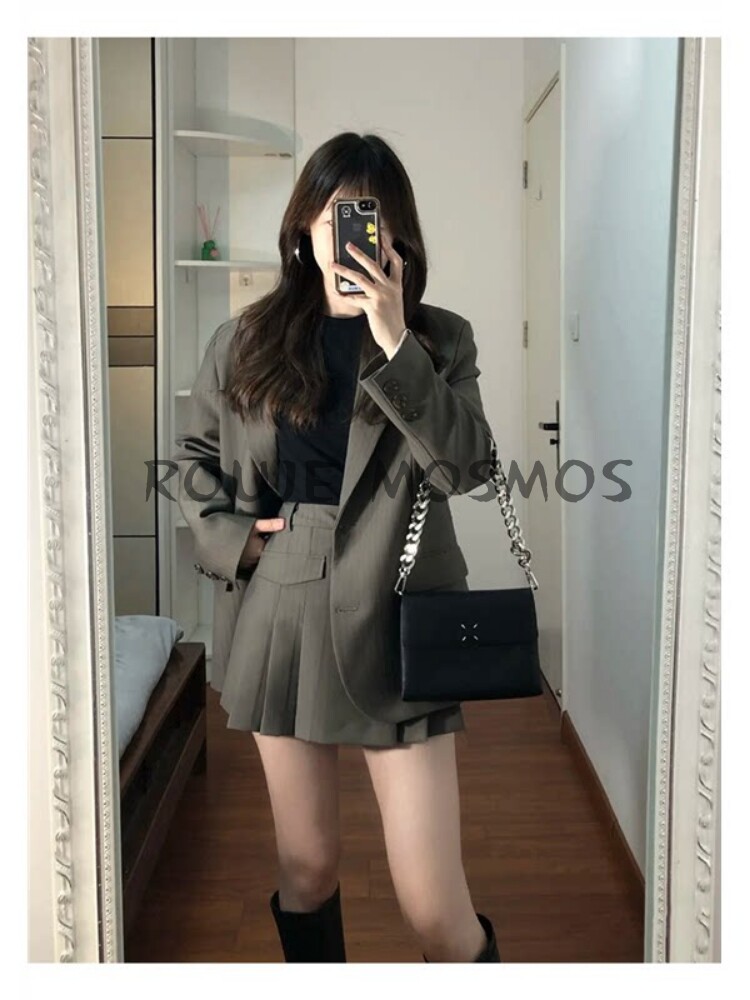 ROUJE MOSMOS小个子条纹西装套装女秋休闲百褶短裙职场穿搭两件套