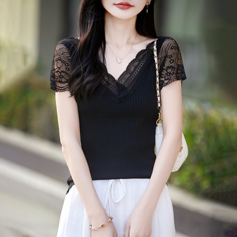 春夏新款女式V领蕾丝边双曲短袖修身显瘦套头背心针织高弹力美背