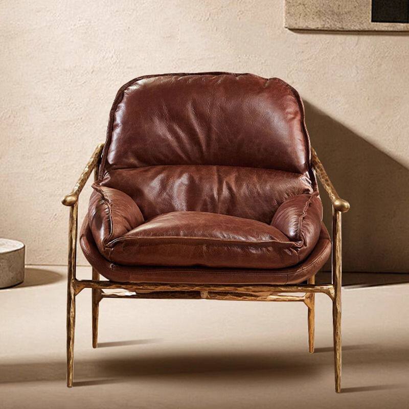 茶室客人椅休闲椅头层牛皮中古风油蜡真皮单椅轻奢复古单人沙发椅