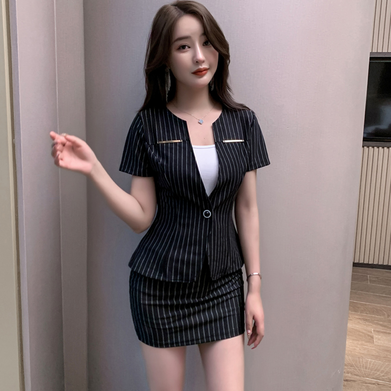 酒店前台ktv公主条纹套装空姐职业制服性感夜总会dj技师工作服秋