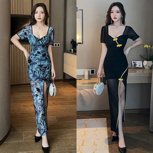 ktv小姐服性感夜总会佳丽公主长裙修身桑拿洗浴柔式复古夜店礼服