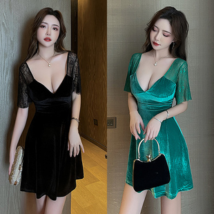 秋冬季夜店性感低胸连衣裙女沐足洗浴店桑拿技师服显瘦夜场工作服
