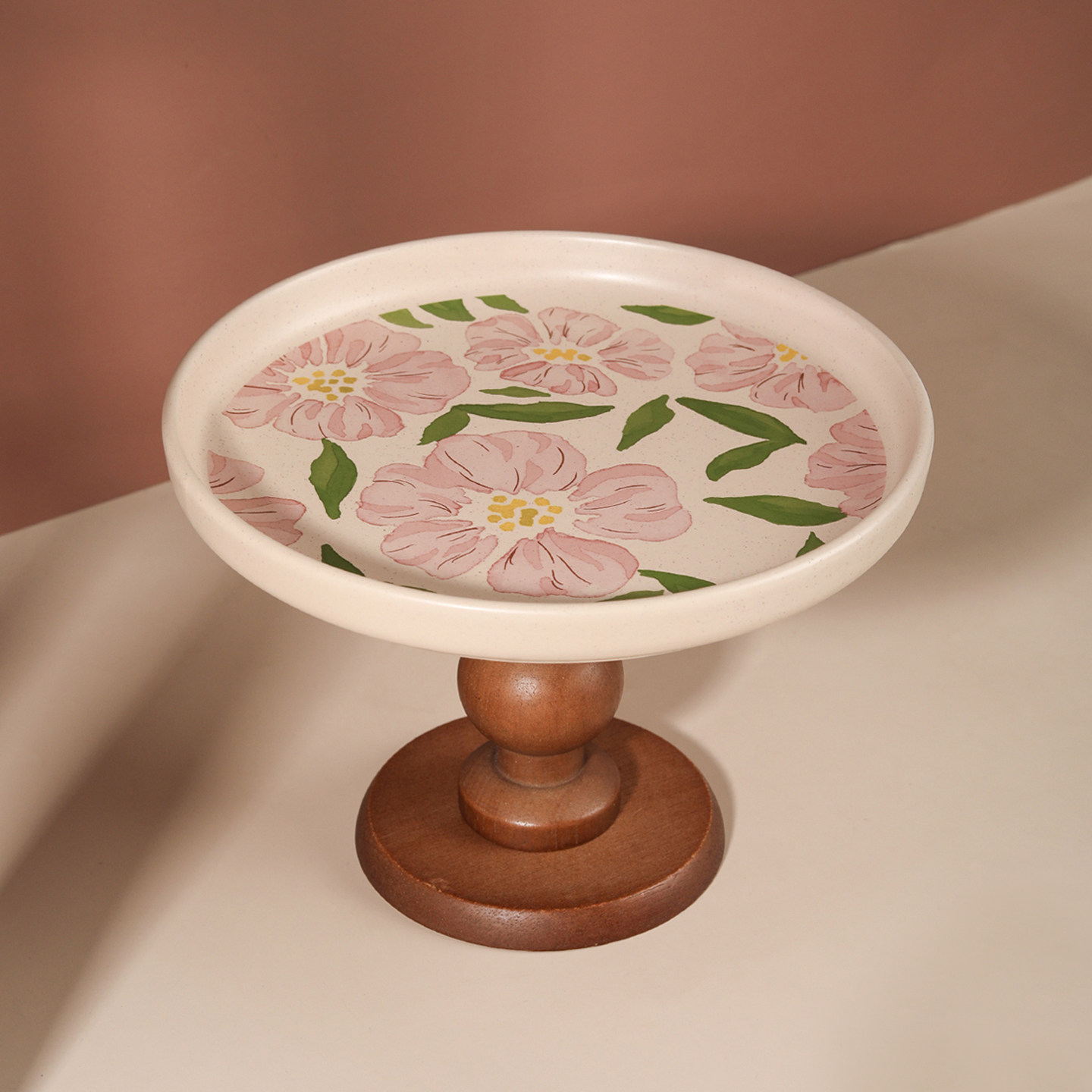 复古芙蓉图案木质高脚托盘陶瓷水果盘零食糕点盘摆盘玄关收纳摆件,餐饮具,果盆/果盘/果篮,淘宝优惠券,粉丝福利购,淘宝优惠卷