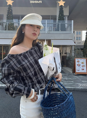 MADEIN OST-26年早春甜酷棉感大格纹绑带斜肩衬衫91025