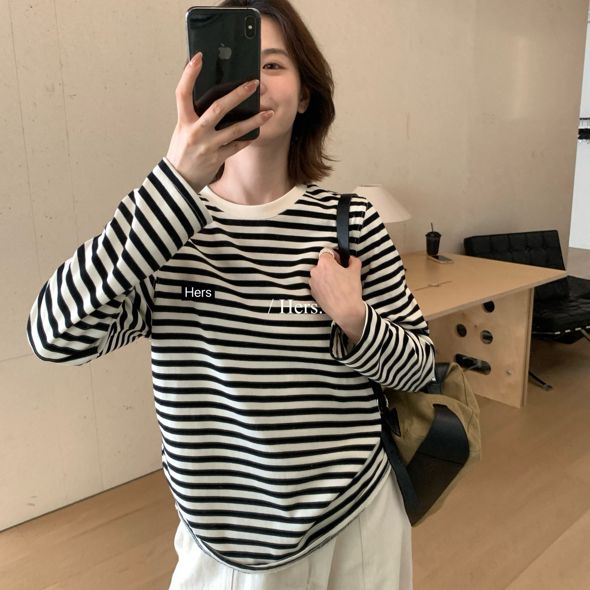 Hers-秋上新休闲日常宽松条纹刺绣长袖T恤66967