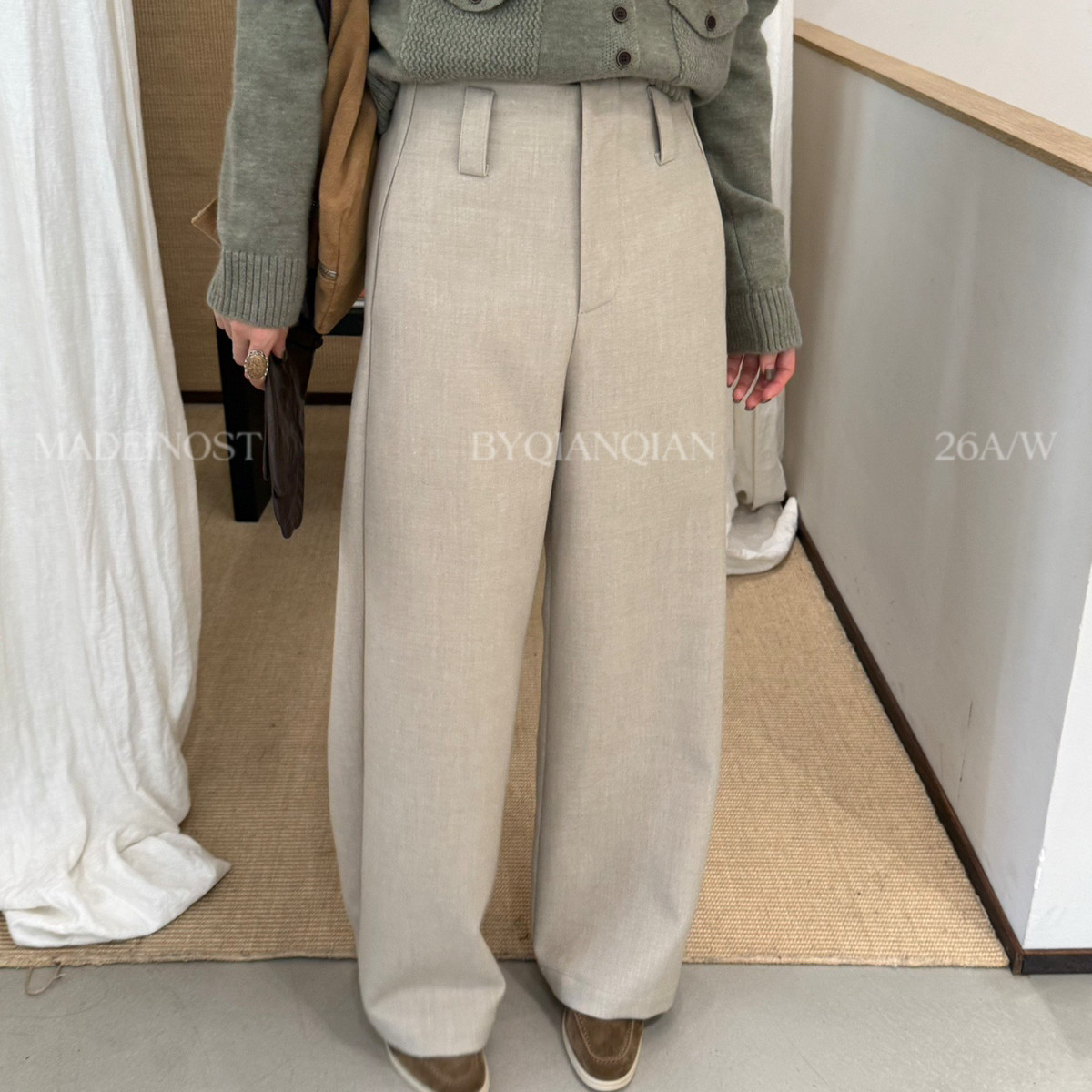 MADEINOST大摹-秋上新英伦风复古羊毛质感高腰毛呢阔腿西裤95216