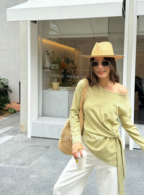 MADEIN OST-2026新款百搭女英伦休闲可斜肩条纹绑带长袖T恤91281