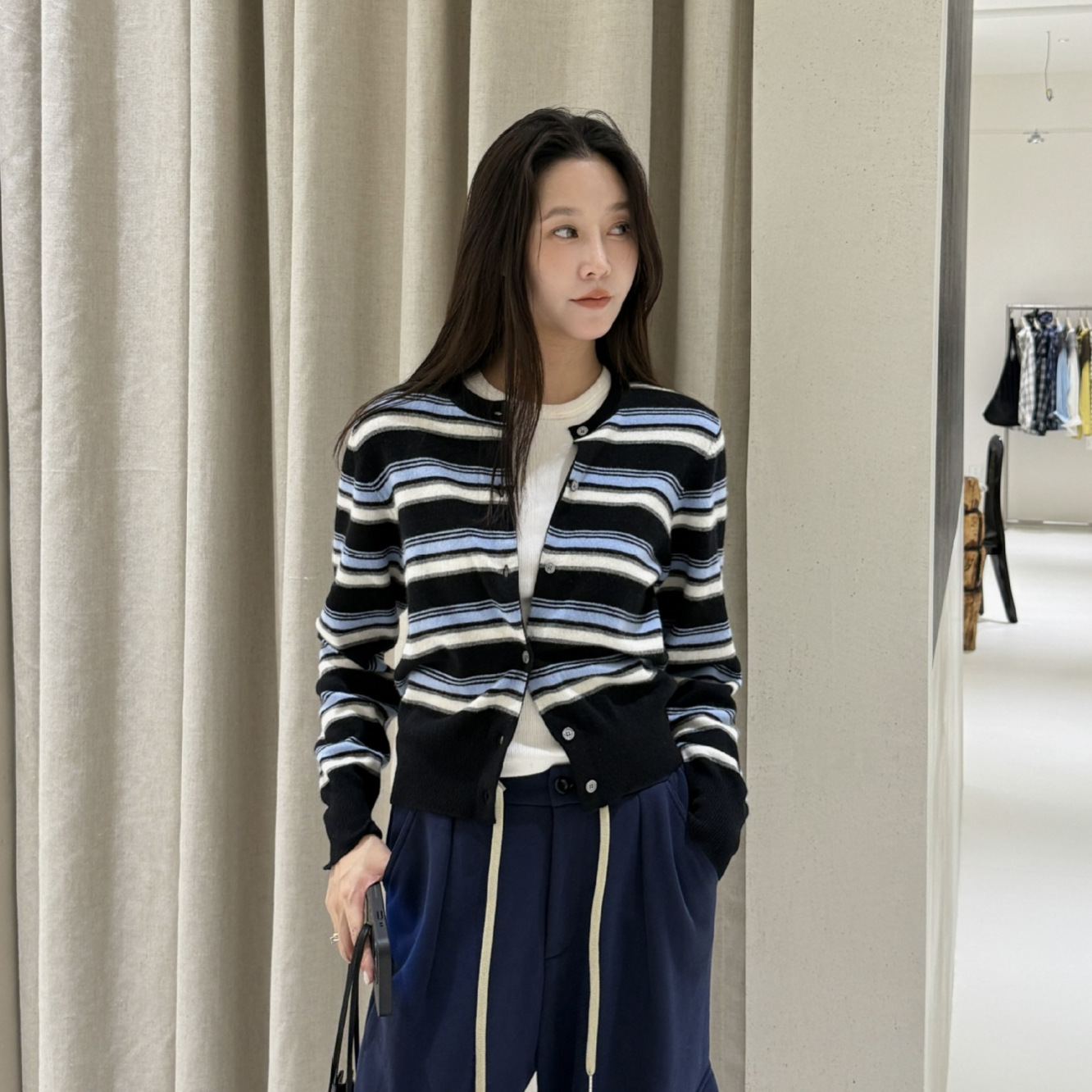 TTOO VOUIS秋季新款2273毛衣甜美条纹单排扣圆领长袖针织衫羊毛